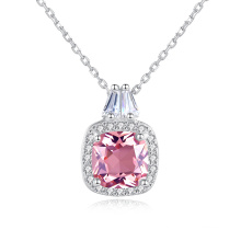 Fashion S925 Silver Square Pink CZ Stone Pendant Necklace